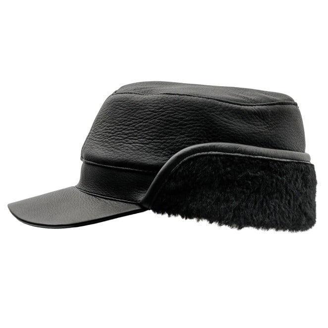 Sachalin - leather trapper style cap with long visor, black baseball