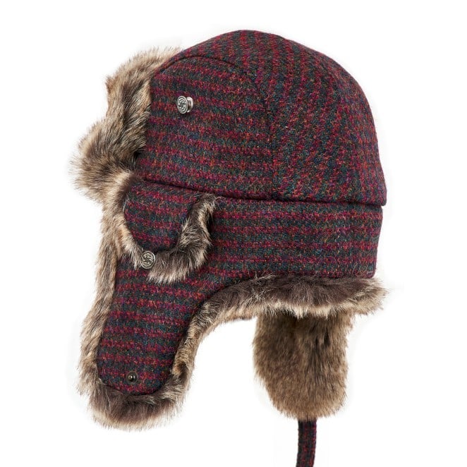 Lumberjack trapper cap made of genuine Harris Tweed wool and faux fur