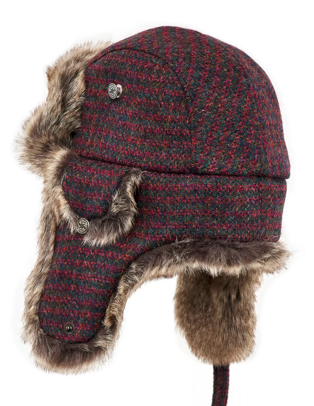 Lumberjack trapper cap made of genuine Harris Tweed wool and faux fur Size  58 cm Color Gray houndstooth