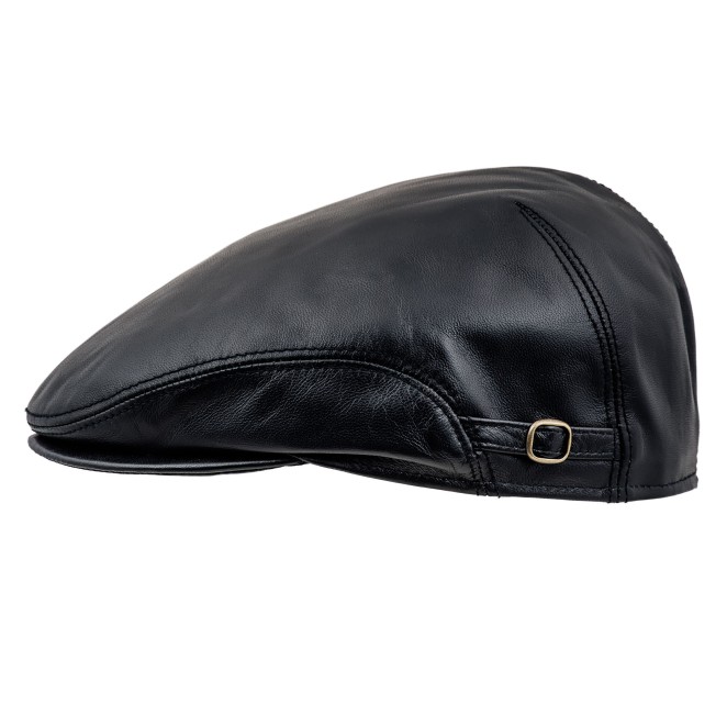 Byron genuine leather ivy league flat cap quilted lining and earflap.