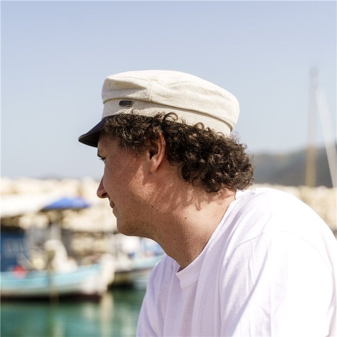 Fiddler summer linen breton style cap with natural leather visor